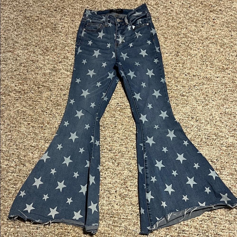 Judy Blue Starry Flare Jeans - Blue and White